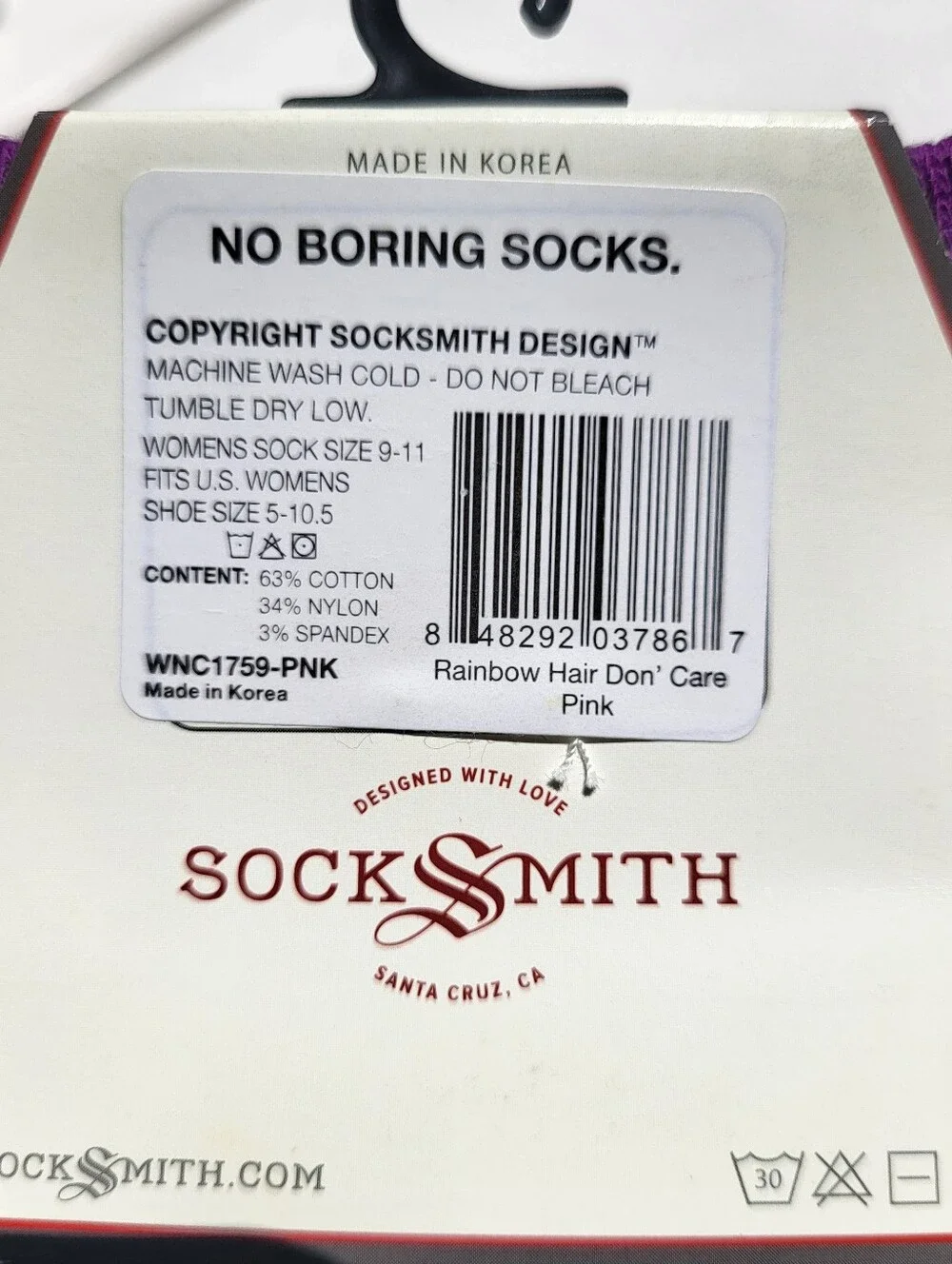 NWT Two Pairs of SockSmith Graphic Cotton Crew Socks Rainbow Hair Don' Care Pink